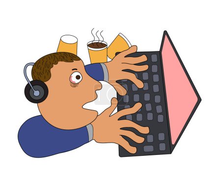 Foto de Hombre sobrecargado escribiendo teclado en la computadora. Quemado, frustrado y cansado. Ilustración dibujo a mano sobre fondo blanco. - Imagen libre de derechos