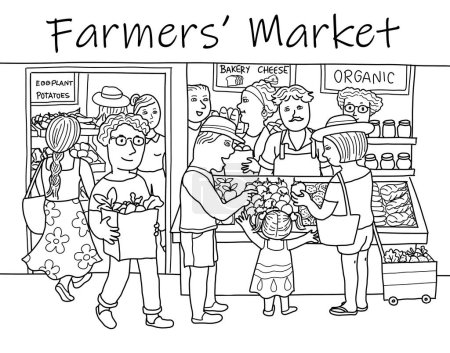 Photo for Farmers market. Group of multi-ethnic diverse people buying and selling healthy fresh fruits and vegetables at grocery store. Black and white illustration drawing. - Royalty Free Image