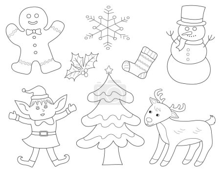 A set of black and white cartoon drawing of Christmas characters and symbols. Christmas tree, snowflake shape, reindeer, Elf, snowman, gingerbread, Holly and stocking.