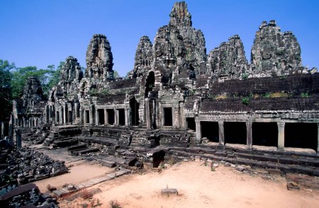 Bayon Temple is a Khmer temple related to Buddhism at Angkor Wat Comples in Cambodia. Built in the late 12th or early 13th century as the state temple of the King Jayavarman VII  the Bayon stands at the centre of Jayavarman's capital, Angkor Thom.