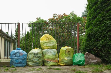 Téléchargez les photos : Colorful garbage bags lie near the fence. The idea of sorting garbage. High quality photo - en image libre de droit