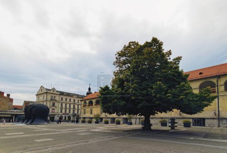 Foto de Maribor, Eslovenia-23 de septiembre de 2019: Vista panorámica del paisaje de la plaza medieval de Svobode con el Monumento a las víctimas de la Segunda Guerra Mundial y el viejo tilo. Paisaje otoñal de Maribor. - Imagen libre de derechos