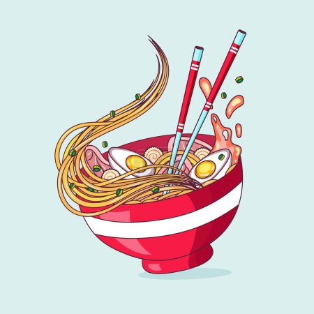 Téléchargez les illustrations : Miso ramen nouilles avec baguettes isolé vecteur de dessin animé - en licence libre de droit