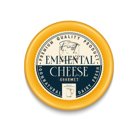 Ilustración de Vector Emmental cheese vintage round label and packaging design template, cheese detailed icons. - Imagen libre de derechos