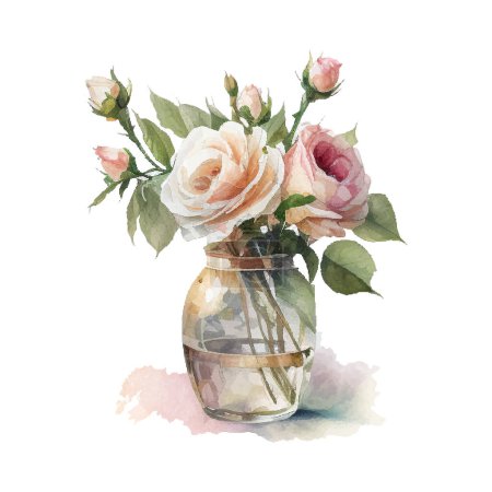 Ilustración de Bouqet de acuarela con flores de color rosa salvaje y blanco en jarrón. Colección magenta flores, hojas, ramas. - Imagen libre de derechos
