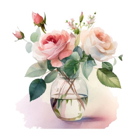 Ilustración de Bouqet de acuarela con flores de color rosa salvaje y blanco en jarrón. Colección magenta flores, hojas, ramas. - Imagen libre de derechos