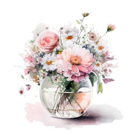 Ilustración de Bouqet de acuarela con flores de color rosa salvaje y blanco en jarrón. - Imagen libre de derechos
