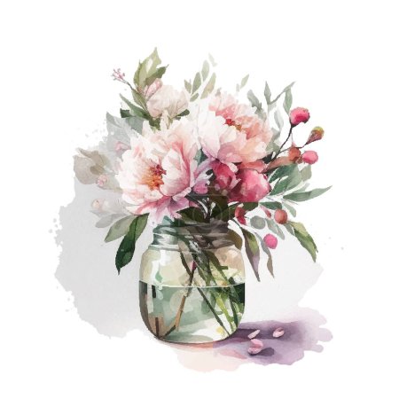 Ilustración de Bouqet de acuarela con flores de color rosa salvaje y blanco en jarrón. - Imagen libre de derechos