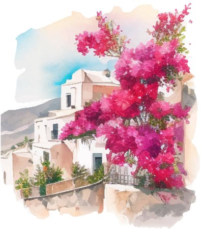 Illustration for Watercolor Santorini Island landscape. Greece summer island landscape. - Royalty Free Image