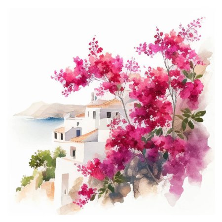 Illustration for Watercolor Santorini Island landscape. Greece summer island landscape. Santorini hand drawn square vector - Royalty Free Image