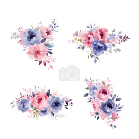 Ilustración de Conjunto de rama floral. Flores de color rosa y lila, hojas verdes y azules. Concepto de boda con flores. Cartel floral, invitar. Vector - Imagen libre de derechos