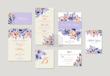 Ilustración de Conjunto de invitación de boda acuarela púrpura y melocotón Plantilla floral tarjeta suite - Imagen libre de derechos