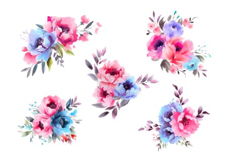 Ilustración de Conjunto de rama floral. Rosa flor, hojas verdes. Concepto de boda con flores. Cartel floral, invitar. Disposiciones vectoriales - Imagen libre de derechos