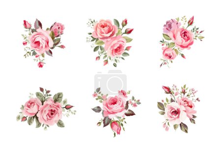 Ilustración de Conjunto de rama floral. Rosa flor, hojas verdes. Concepto de boda con flores. - Imagen libre de derechos
