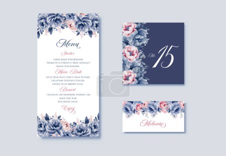 Illustration for Watercolor floral wedding menu, table and escort cards with navy blue and pink flowers illustration. vector template - Royalty Free Image