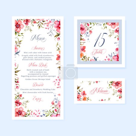 Illustration for Watercolor floral wedding menu, table and escort cards with vintage flowers illustration. vector template - Royalty Free Image