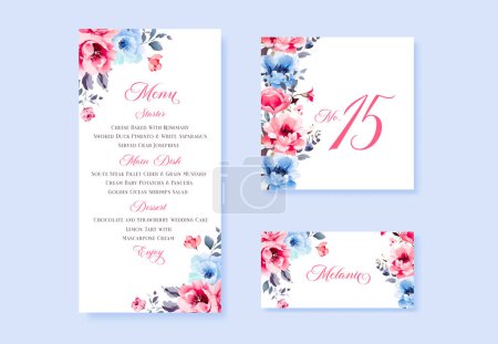 Illustration for Watercolor floral wedding menu, table and escort cards with pink and blue Rose flowers illustration. Vector - Royalty Free Image