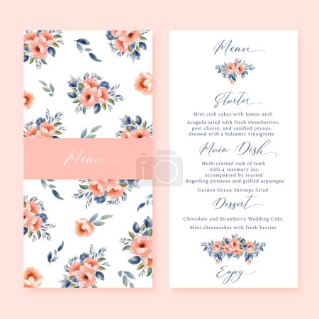 Illustration for Watercolor floral wedding menu cards with pastel peach Rose flowers illustration. Vector - Royalty Free Image