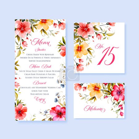 Illustration for Watercolor floral rustic wedding menu, table and escort cards with vintage wild flowers illustration. vector template - Royalty Free Image
