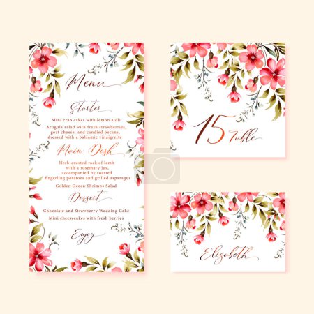 Illustration for Watercolor floral wedding menu, table and escort cards with vintage flowers illustration. - Royalty Free Image