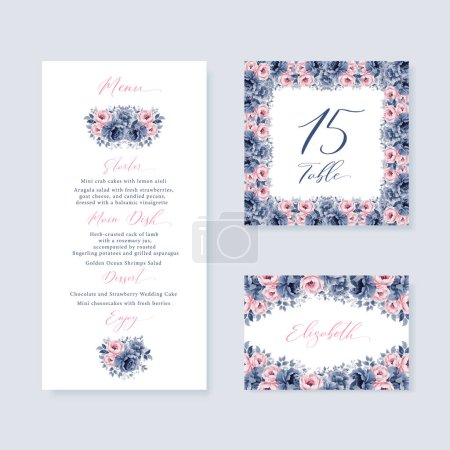 Illustration for Watercolor floral wedding menu, table and escort cards with navy blue and pink flowers - Royalty Free Image