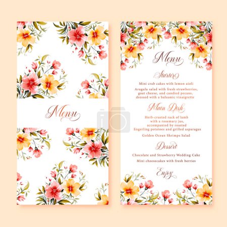 Illustration for Watercolor floral wedding menu cards with pink and yellow wild flowers, gold calligraphy - Royalty Free Image