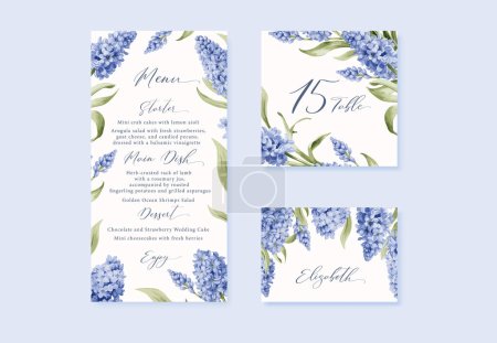 Watercolor floral wedding menu, table and escort cards with blue hyacinth flowers. vector