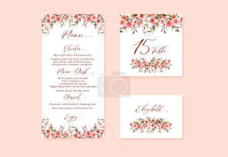 Illustration for Watercolor floral wedding menu, table and escort cards with vintage flowers and gold calligraphy, vector - Royalty Free Image