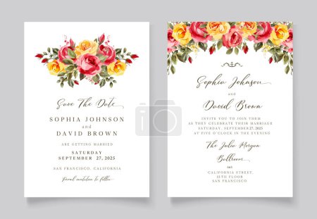 Ilustración de Invitación de boda floral vintage, Guardar la fecha, rosas rojas y amarillas flores, boda antigua - Imagen libre de derechos