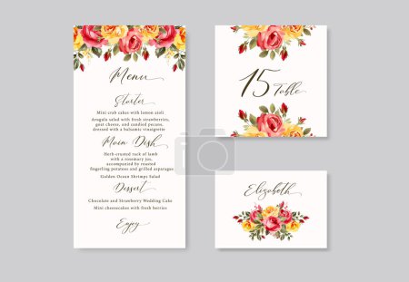 Illustration for Watercolor floral wedding menu, table and escort cards with red and yellow roses flowers. vector - Royalty Free Image