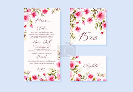 Illustration for Watercolor floral rustic wedding menu, table and escort cards with vintage wild flowers - Royalty Free Image