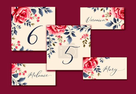 Illustration for Vintage Wedding Table and Escort cards with red watercolor roses flowers. Vector - Royalty Free Image