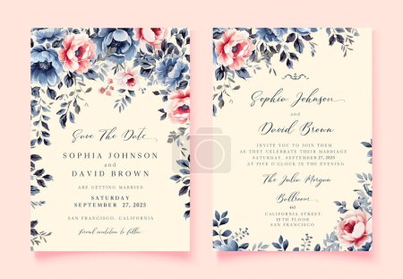 Ilustración de Acuarela Invitación a la boda y Save The Date con flores Vintage Blue y Pink. Vector - Imagen libre de derechos