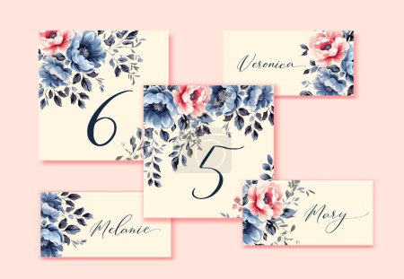 Illustration for Vintage Wedding Table and Escort cards with blue and pink watercolor flowers. Vector - Royalty Free Image