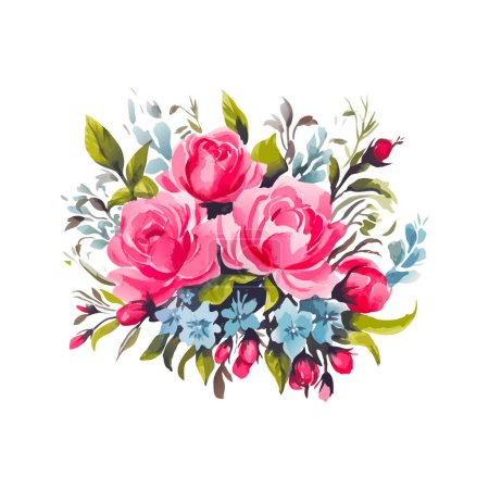 Ilustración de Acuarela ramo de flores de color rosa salvaje, aislado. Flores silvestres de primavera abstractas, hierba, rama de hojas, floral - Imagen libre de derechos