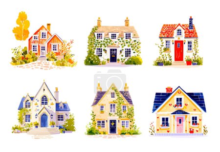 Téléchargez les illustrations : Ensemble de maisons scandinaves aquarelle. Batiments européens enfantins mignons. Éléments vectoriels scandinaves tendance - en licence libre de droit