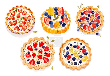 Set of fruit tarts with berries. Watercolor