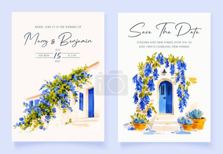 Elegantes invitaciones de boda con una puerta azul adornada con hermosas flores y ramitas. Diseño floral en fuente azul eléctrico en una tarjeta rectangular para un evento impresionante
