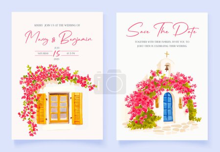 Ensemble d'invitation de mariage avec aquarelle dessinée à la main printemps rose bougainvilliers fond de fleur