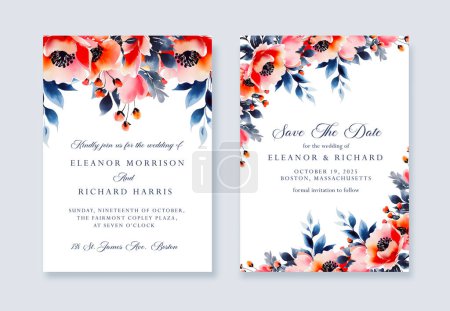 Illustration for Wedding floral invite, invitation save the date card design with red and white garden rose flowers, seeded eucalyptus branches, leaves, amaranthus bouquet on navy blue background. Vector cute template - Royalty Free Image