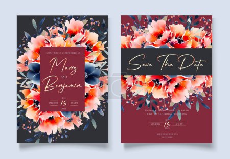 Invitación floral de boda, invitación a guardar el diseño de la tarjeta de fecha con flores rojas y azul marino y caligrafía de oro.
