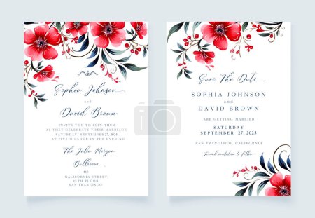 Wedding floral invite, invitation save the date card design with red flowers, Vector
