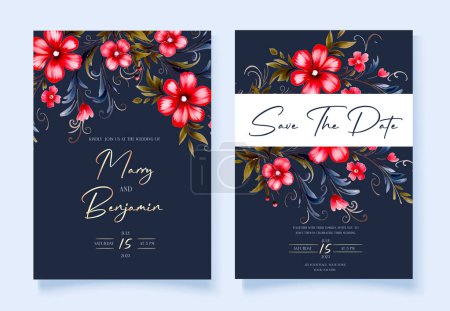 Invitación floral de boda, invitación a guardar el diseño de la tarjeta de fecha con flores rojas y azul marino y caligrafía de oro. Vector