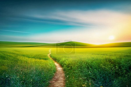 Malownicza kręta ścieżka przez zielone pole trawy w pagórkowatym obszarze rano o świcie przed błękitnym niebem z chmurami. Naturalny panoramiczny wiosenny letni krajobraz.