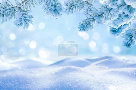 Téléchargez les photos : Belle image de fond d'hiver de branches d'épinette givrées et de petites dérives de neige pure avec des lumières de Noël bokeh et de l'espace pour le texte. - en image libre de droit