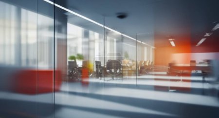Photo for Beautiful blurred background of a modern office interior in gray tones with panoramic windows, glass partitions and orange color accents. - Royalty Free Image