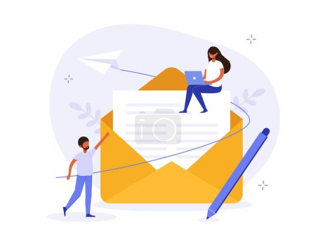 Email marketing illustration concept. Employees send an email. Paper airplane and people in front of large envelope. Creative flat vector