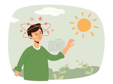 Illustration for Healthcare concept of exhausted, sunburn, summer day, high temperature. Heat stroke symptoms high body temperature, sweat, perspire, headache, red skin, dehydration. Isolated vector illustration - Royalty Free Image