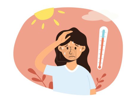 Illustration for Woman at outdoor with hot sun light has a risk to have heat stroke. Girl in the background of the bright sun and thermometer in red zone. Hot summer day. Isolated vector illustration - Royalty Free Image