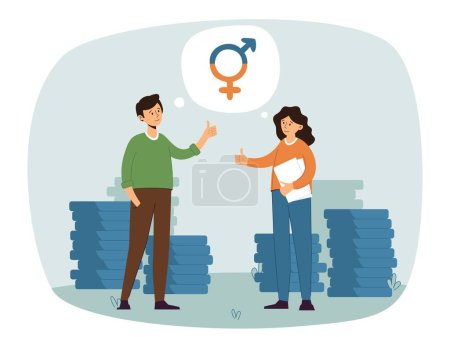 Téléchargez les illustrations : Égalité des gains selon le sexe. Hommes et femmes perçoivent le même salaire. Concept d'égalité financière, d'équité. Genre dans les bulles vocales. Illustration vectorielle plate de bande dessinée - en licence libre de droit